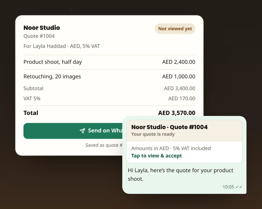 Scene 3: the quote marked Not viewed yet, next to a chat bubble with its link preview: Your quote is ready, amounts in AED with 5% VAT included, tap to view and accept.