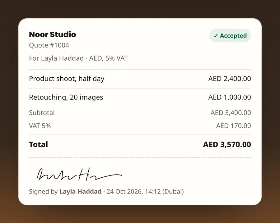 Scene 5: the client signs quote #1004 with a finger; the stamp reads Signed by Layla Haddad, 24 Oct 2026, 14:12 (Dubai), and the status is Accepted.
