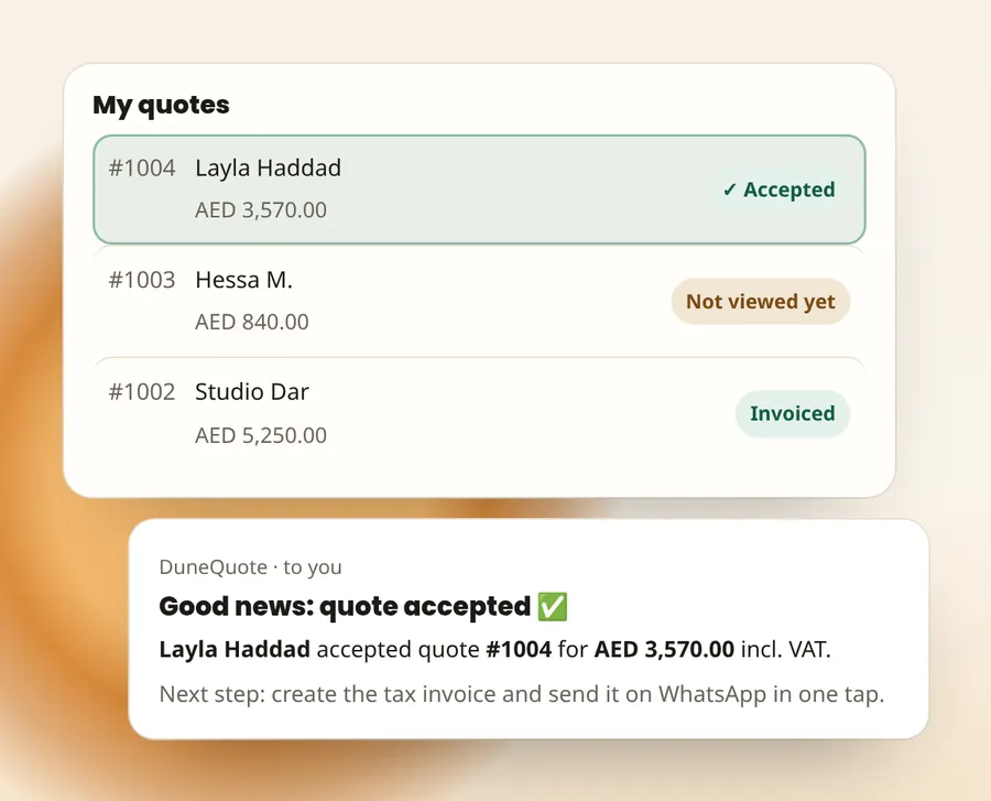 Scene 6: My quotes shows #1004 Layla Haddad as Accepted, with an email: Good news: quote accepted.